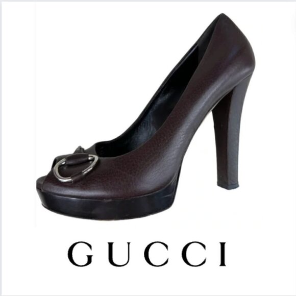 Vintage Gucci Brown Leather Horsebit Peep Toe Pumps Size 39 - Picture 1 of 12